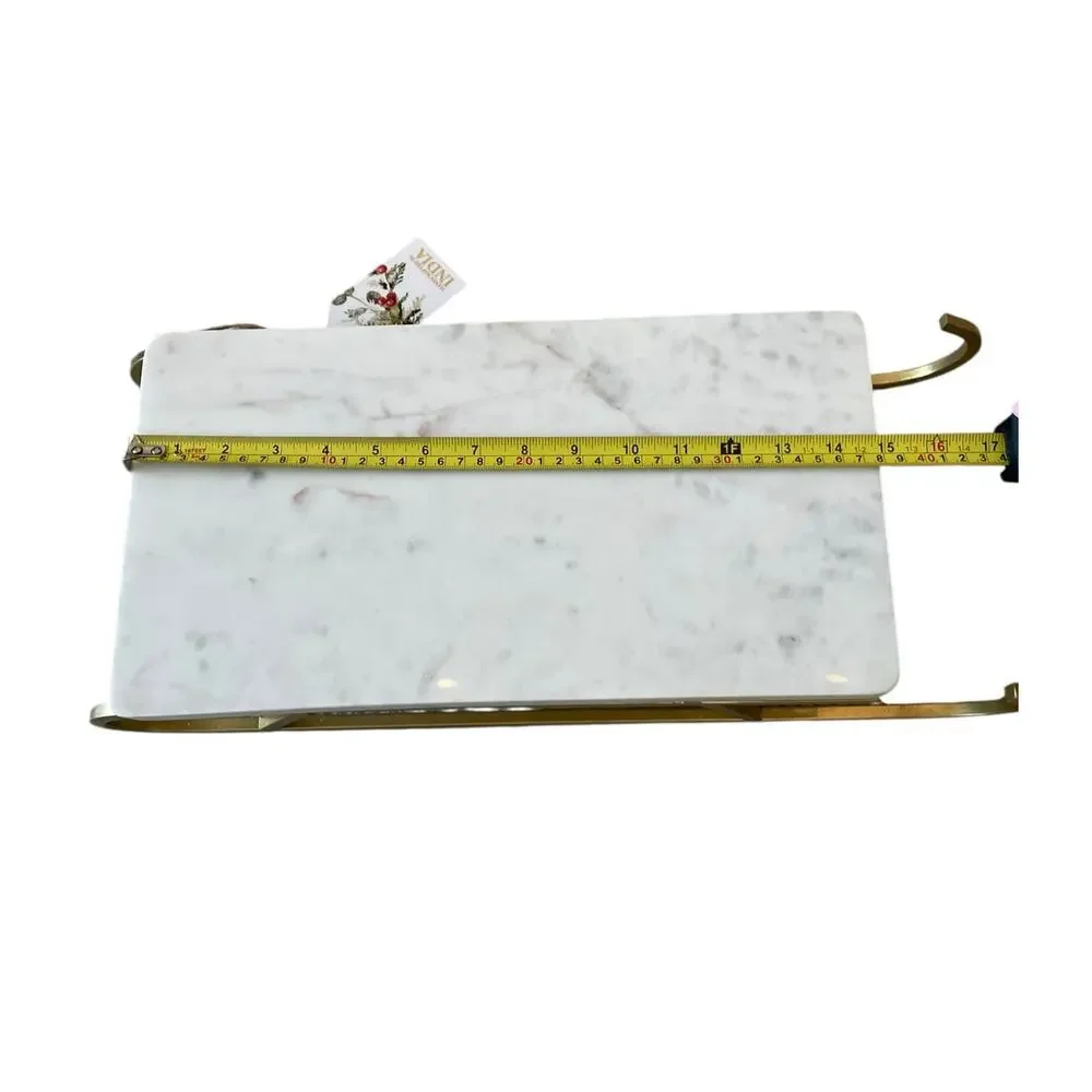 Marble Sledge Holiday Serving Tray 18x8 White & Gold Metal Handmade in India